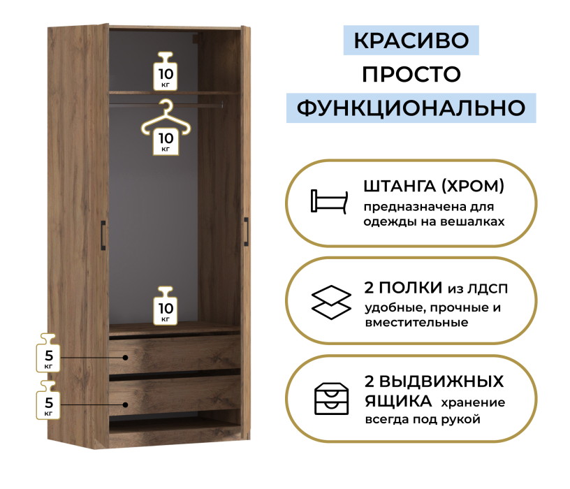 В спальню, Шкаф двухдверный Макс 1000 мм, вариант №3 (ЛДСП, корпус дуб вотан)