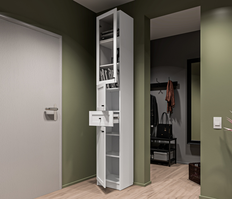 Прямые, Стеллаж Твин СБ-3372 Белый 236 см со стеклом