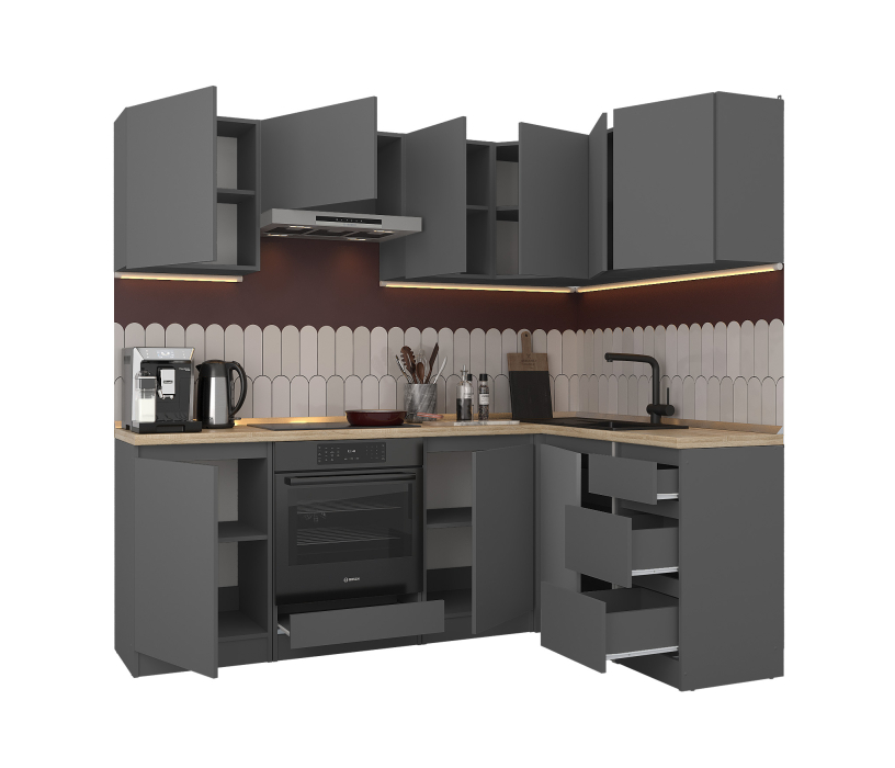 Кухонные гарнитуры, Кухонный гарнитур Леон угловой 210х140 см, диамант серый