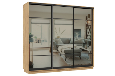 Шкаф-купе Премьер 59 (11ЗГ;11ЗГ;11ЗГ) фасады зеркало графит/трёхдверный/Профиль чёрный муар