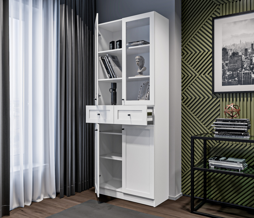 Прямые, Стеллаж Твин СБ-3373 Белый со стеклом и ящиком