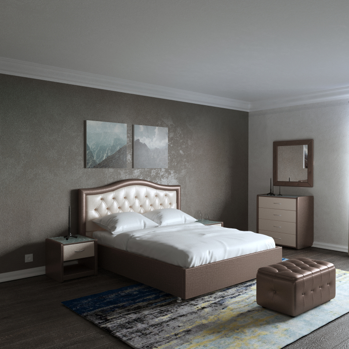 Двуспальные, Кровать с мягким изголовьем Ротонда, ПМ 2 ящика, экокожа, 140*200