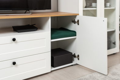 Тумба под ТВ Остин 16.47, белая шагрень, дуб золотой крафт