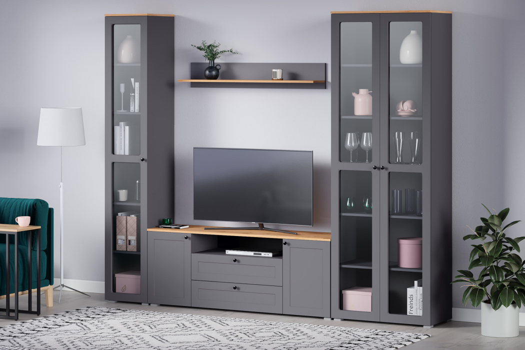 , Шкаф-витрина Остин 16.394.03, серый графит, дуб золотой крафт