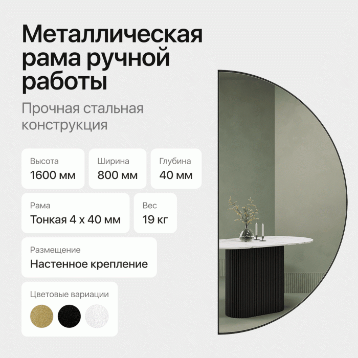 Зеркала в спальню, Зеркало рамное настенное в виде полукруга RONTUS M, 160*80 см