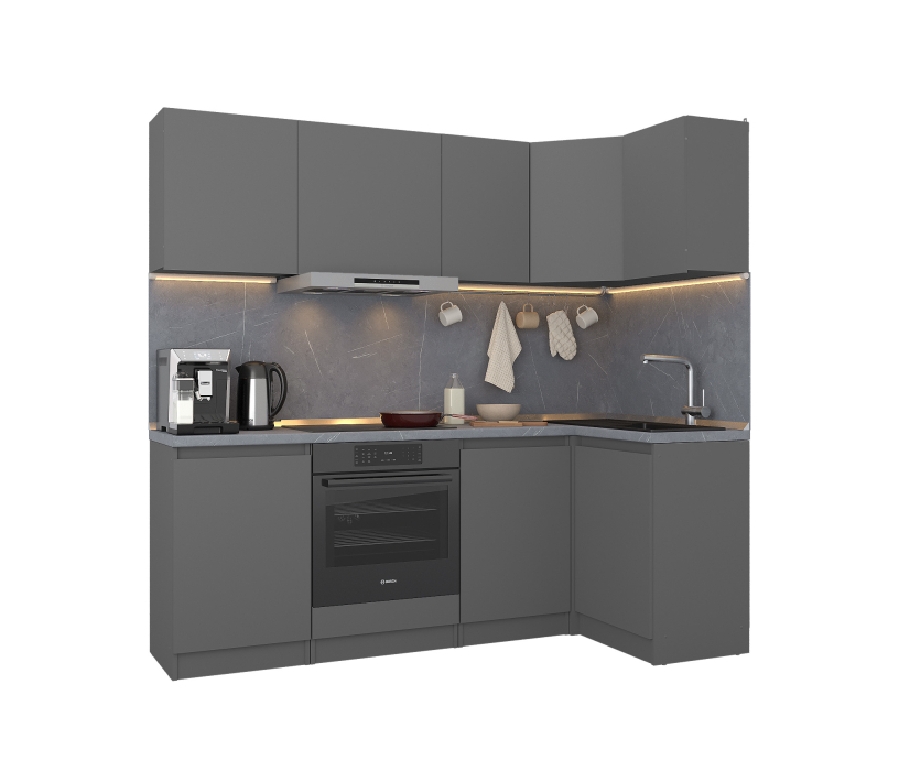 Кухонные гарнитуры, Кухонный гарнитур Леон угловой 210х100 см, диамант серый