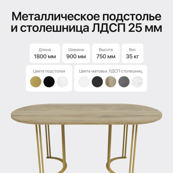 Обеденные столы, Стол овальный обеденный с золотым металлическим подстольем VIOLUR 180