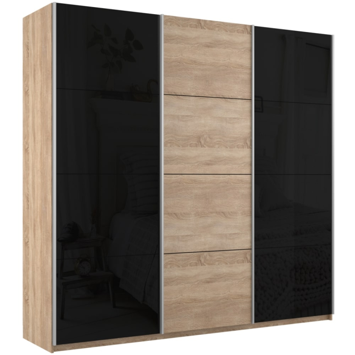 Шкафы-купе 3-х дверные, Шкаф-купе Прайм 3-х дверный Стекла черные/ДСП/Доводчики 180х57х230