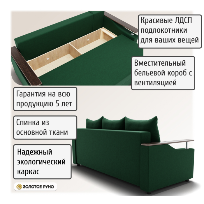 Диваны с ящиком для белья, Прямой диван Квадро-1 ППУ, велюр