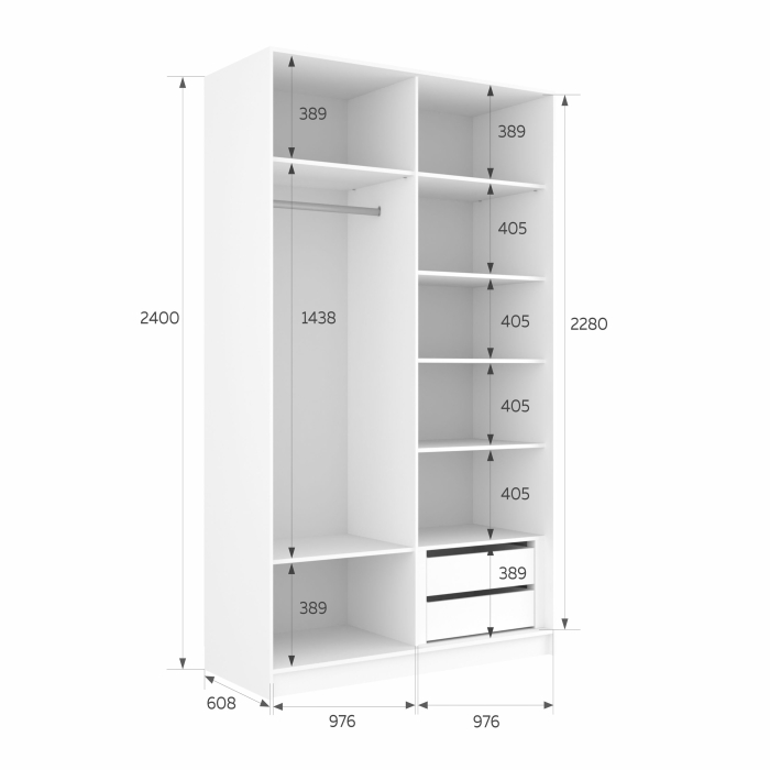Шкафы-купе 2-х дверные, Шкаф-купе Эста 2-х дверный Стекла пудра/Доводчик 200х66х240