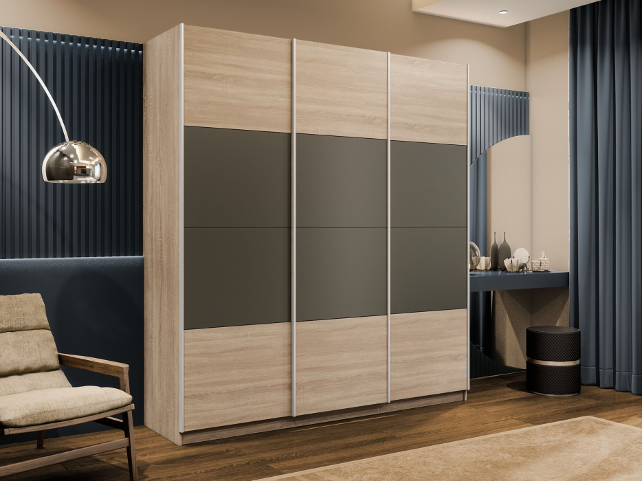 Шкафы-купе 3-х дверные, Шкаф-купе Эста 3-х дверный ДСП/Стекла хаки/Доводчик 300х66х240