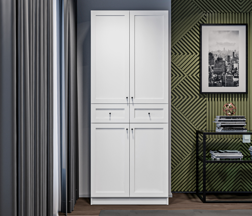 Прямые, Стеллаж Твин СБ-3373 Белый с глухими фасадами и ящиком