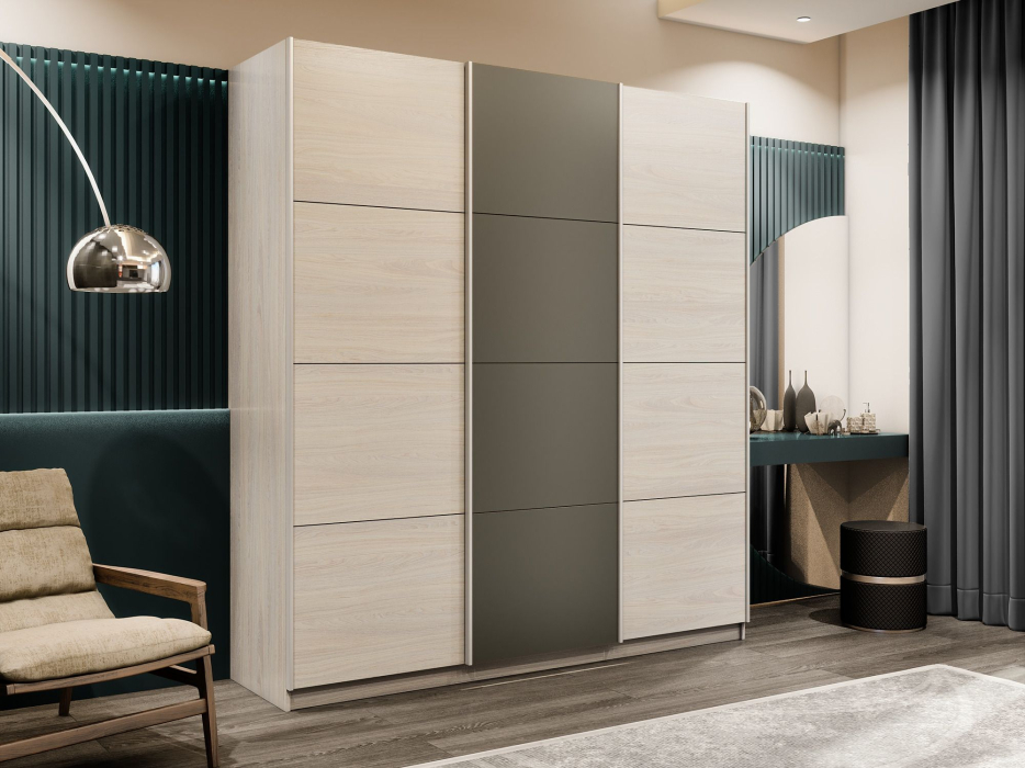 Шкафы-купе 3-х дверные, Шкаф-купе Прайм Широкий 3-х дверный ДСП/Стекла хаки/Доводчики 240х57х230