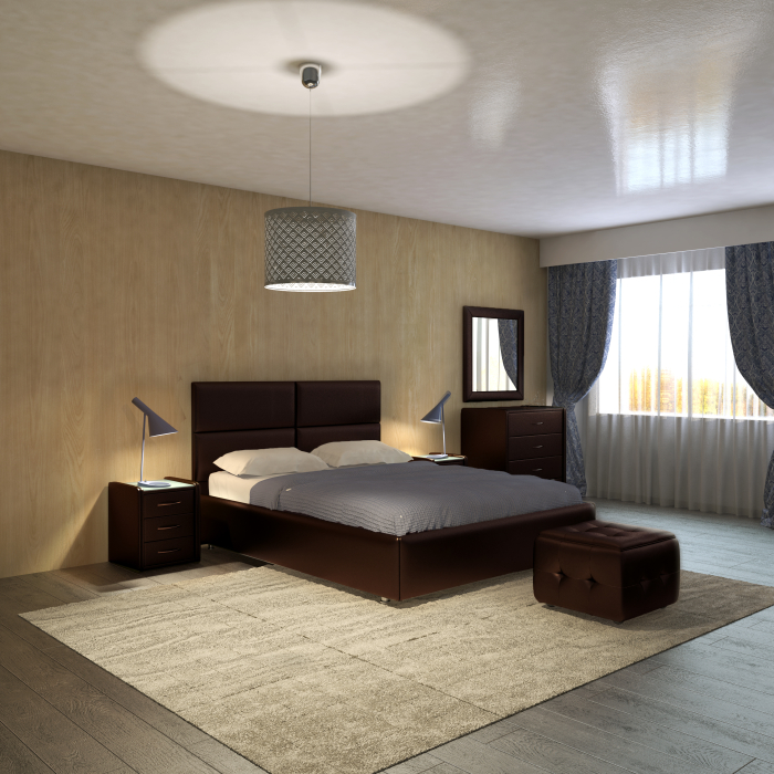 Двуспальные, Кровать с мягким изголовьем Риальто, база, экокожа, 140*200