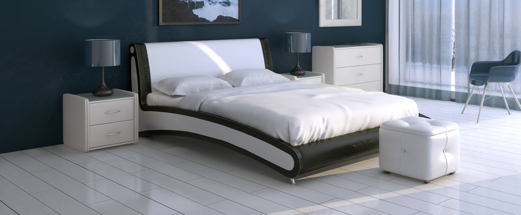 Двуспальные, Кровать с мягким изголовьем Помпиду, база, экокожа, 140*200