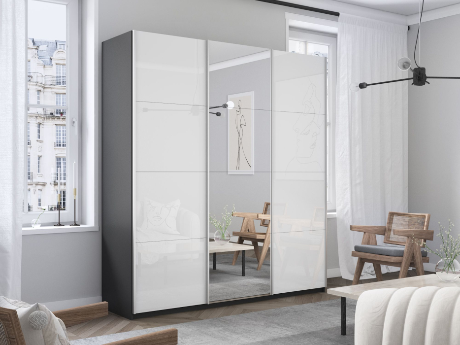Шкафы-купе 3-х дверные, Шкаф-купе Прайм 3-х дверный Стекла белые/Зеркало/Доводчики 210х57х230