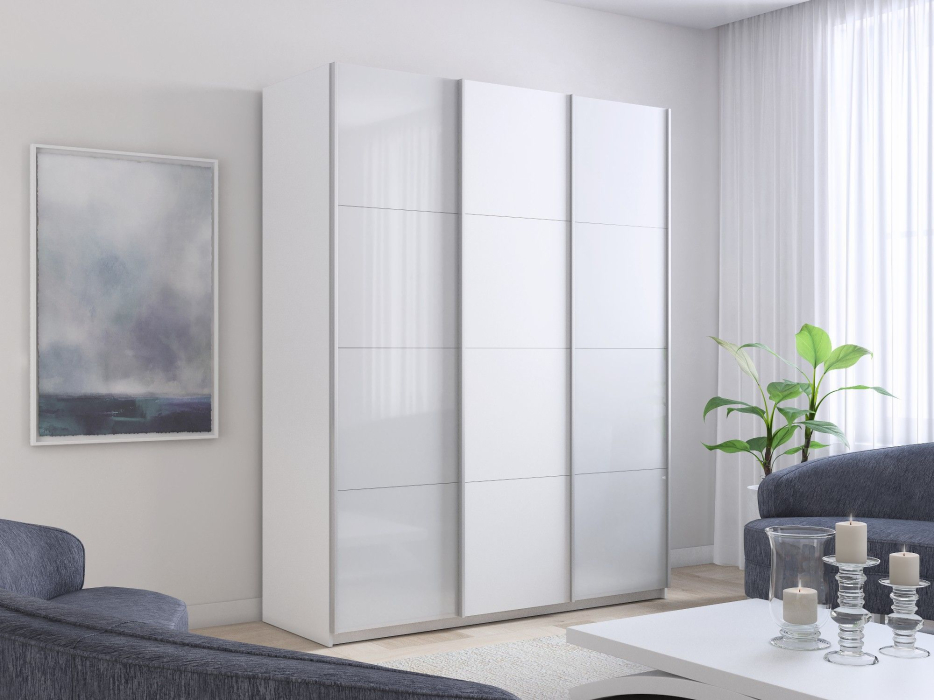 Шкафы-купе 3-х дверные, Шкаф-купе Прайм 3-х дверный Стекла белые/ДСП/Доводчики 210х57х230