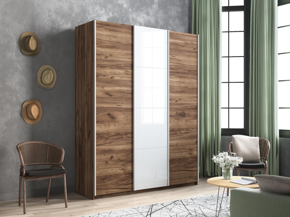 Шкафы-купе 3-х дверные, Шкаф-купе Прайм 3-х дверный ДСП/Стекло белое/Доводчики 210х57х230