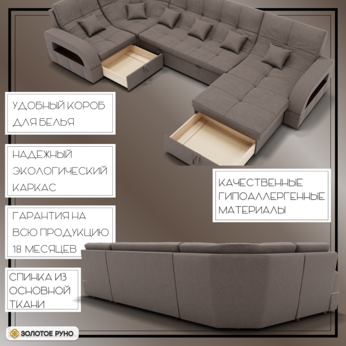 Диваны угловые в гостиную, П-образный диван Майами-4 ППУ, велюр